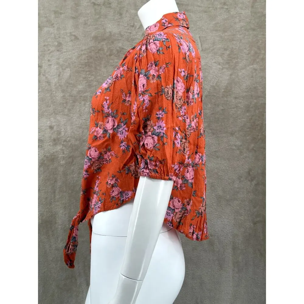 Free People Top Womens Small Orange Celia Floral Front Tie Bloomcore Boho Summer